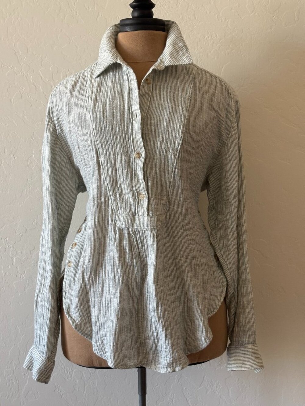 Anthropologie Button Side Asymmetrical Striped Shirt. Size S. Greenish/Grayish.